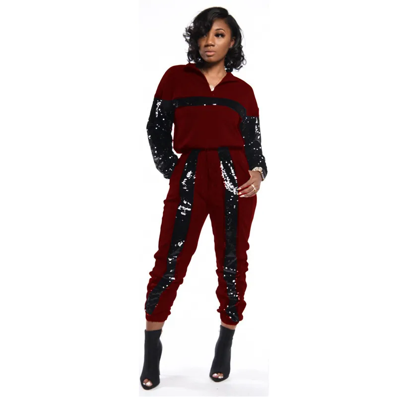 

sequin tracksuit women's suit with Patchwork Casual Two-piece Women's Jacket Zip Turtleneck Long Sleeve Pullover Sweatshirt Set