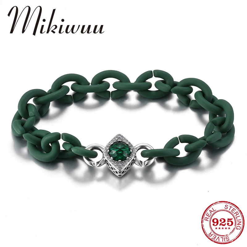 

925 Silver Square deep Green Zircon bead Men Bracelet Green Hard Rubber Handmade Bracelet Accessories for women Men Jewelry