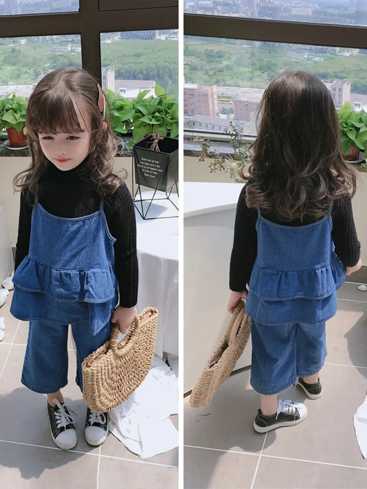 

2020 Spring And Autumn New Style Korean-style Girls Cowboy Top Shirt with Narrow Straps + Jeans Children Two-Piece Set Childrens