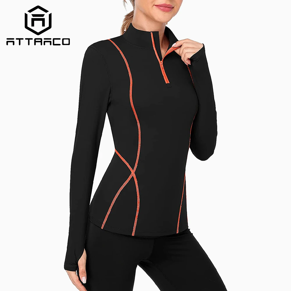 Attraco Women's Long Sleeve Workout Tops Zip Thumb Hole Athletic Running Sweatshirt Rash Guard Pullover