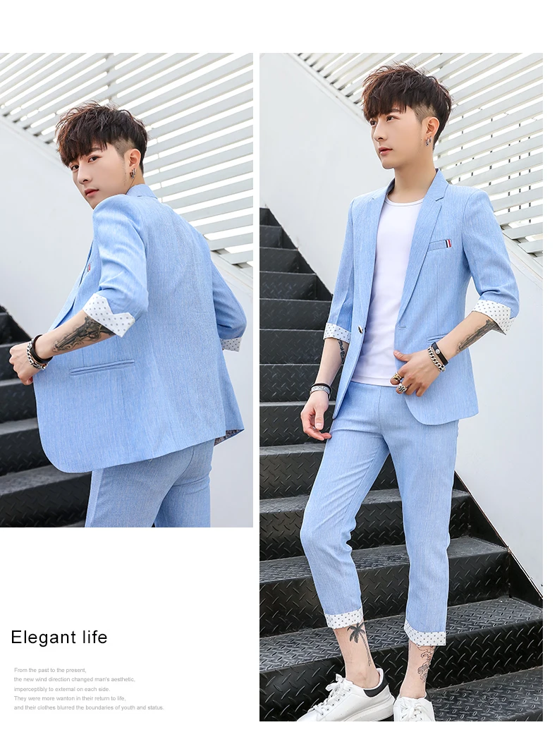 Новые модные летние мужские костюмы Slim Fit 3/4 рукав короткая куртка брюки 2 шт набор одна кнопка C93