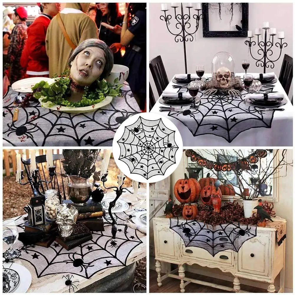 

Halloween Rounded Horrible Black Spider Knitted Dining Tablecloth Cover For Bar KTV Creative Lace Decor Web Table Party Props