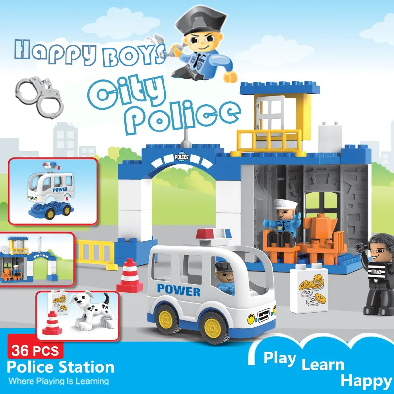 

Diy Police Station Large Big Particle City Policeman Building Blocks Bricks Toys for Children Compatible with Duploed Kids ifts