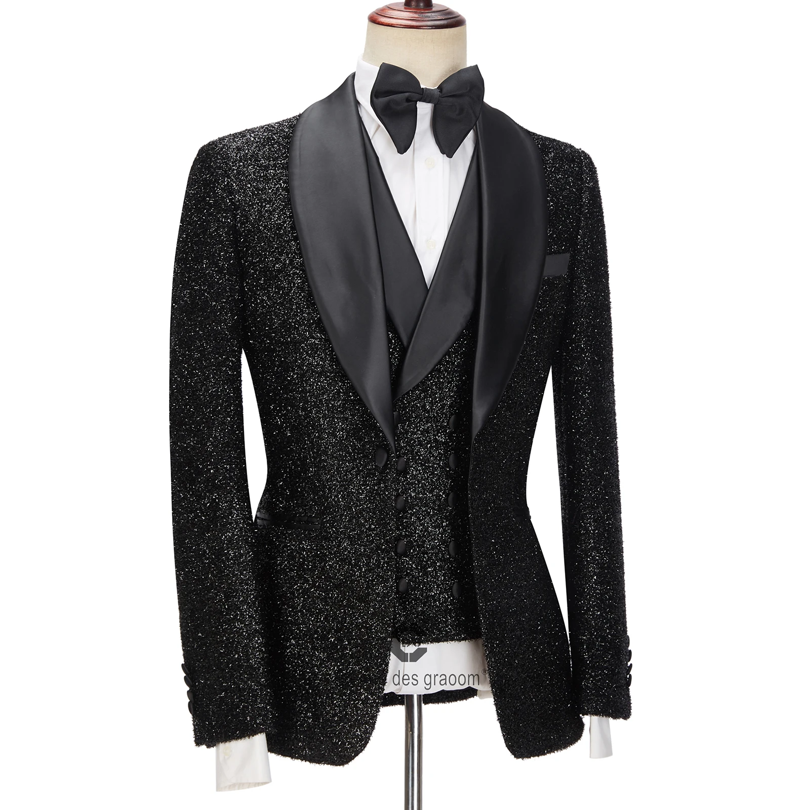 Cenne Des Graoom Latest Coat Design Men Suits Tailor-Made Tuxedo 3 Pieces Blazer Wedding Party Singer Groom Costume Homme Black 4
