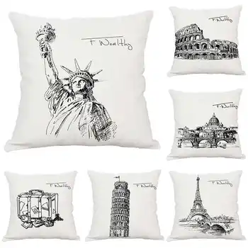 

World Mark Building Pattern Cotton Linen Pillowcase for Home Office Sofa Seat Decor Textile Throw Printed Pillow Cover