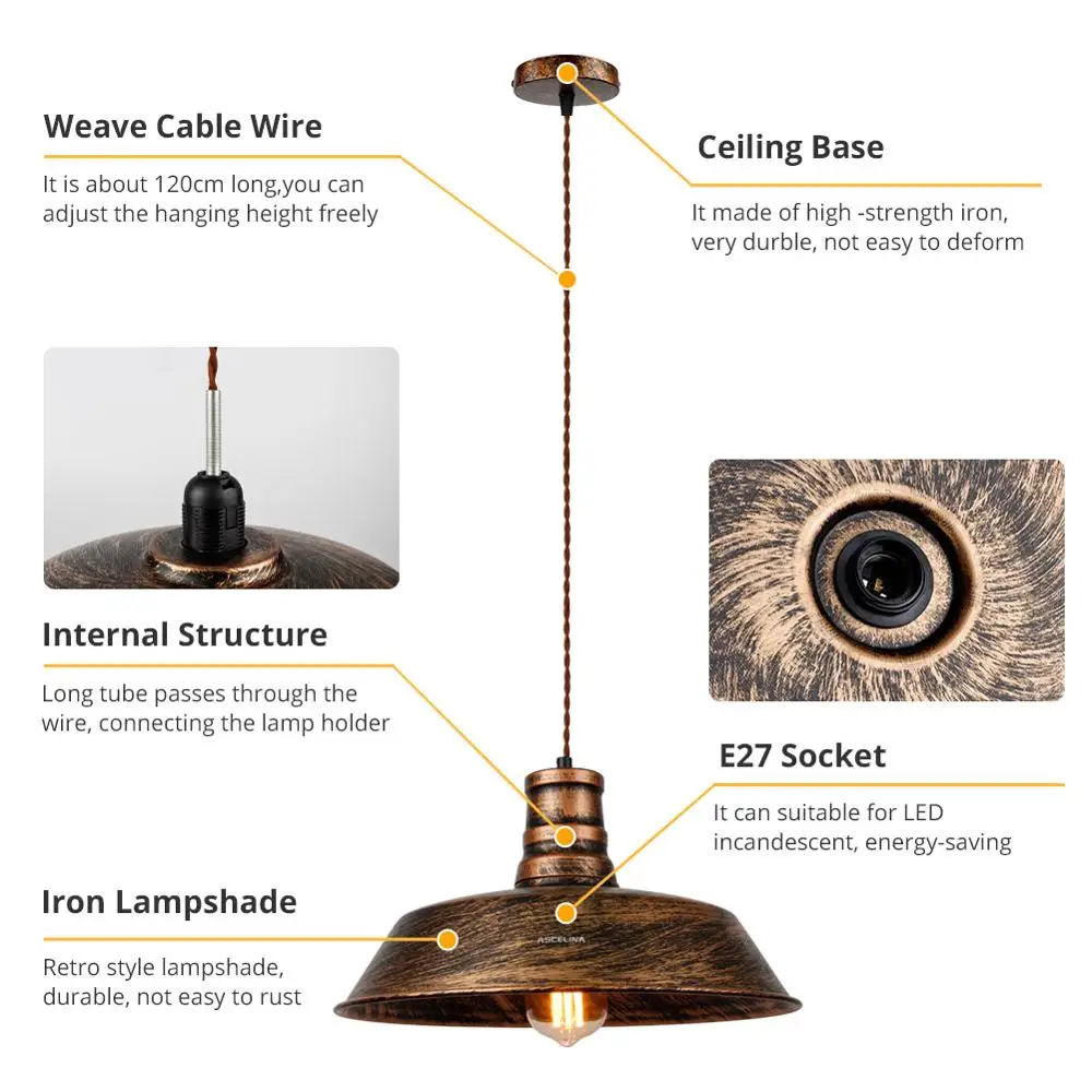 Винтаж подвесные светильники для гостиной в стиле ретро промышленный подвесной светильник, ржавчины подвесной светильник, E27 26/36 см плетеный провод, для дома,$ магазин