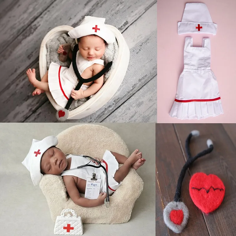 2021 Newborn Photography Props Baby  Handmade Wool Stethoscope Doctor Nurse Set for Baby Accessories Studio Shooting Photo Prop disney world baby souvenirs	 Baby Souvenirs
