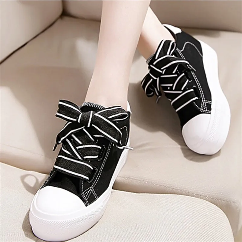 

Womens Pink Casual Canvas Shoes Women High Wedge Sneaker Woman White Shoes Sweet Lovly 6CM High Heels Platform Sneakers
