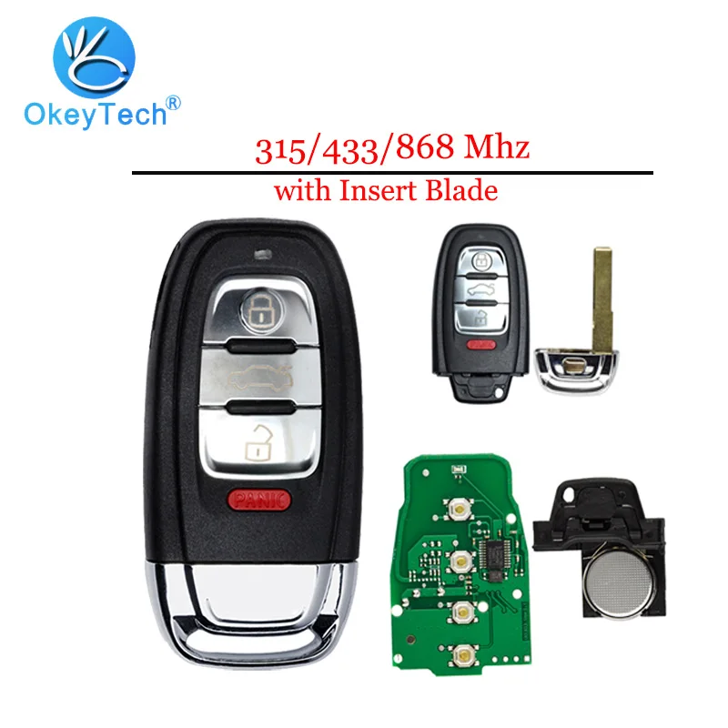 

OkeyTech Remote Smart Key For Audi RS6 RS7 A3 A4 A5 A6 B5 B6 B8 C6 C7 8P Q5 4 Button 315/433/868MHZ Keyless Entry Insert Blade