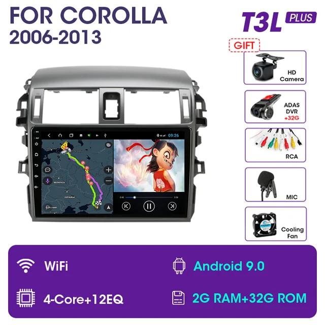 Srnubi Android 10 Car Audio Radio DVD for Toyota Corolla E140/150 2006 - 2013  Multimedia Player 2Din GPS Navigation Auto Stereo T3L plus DVR(gift)