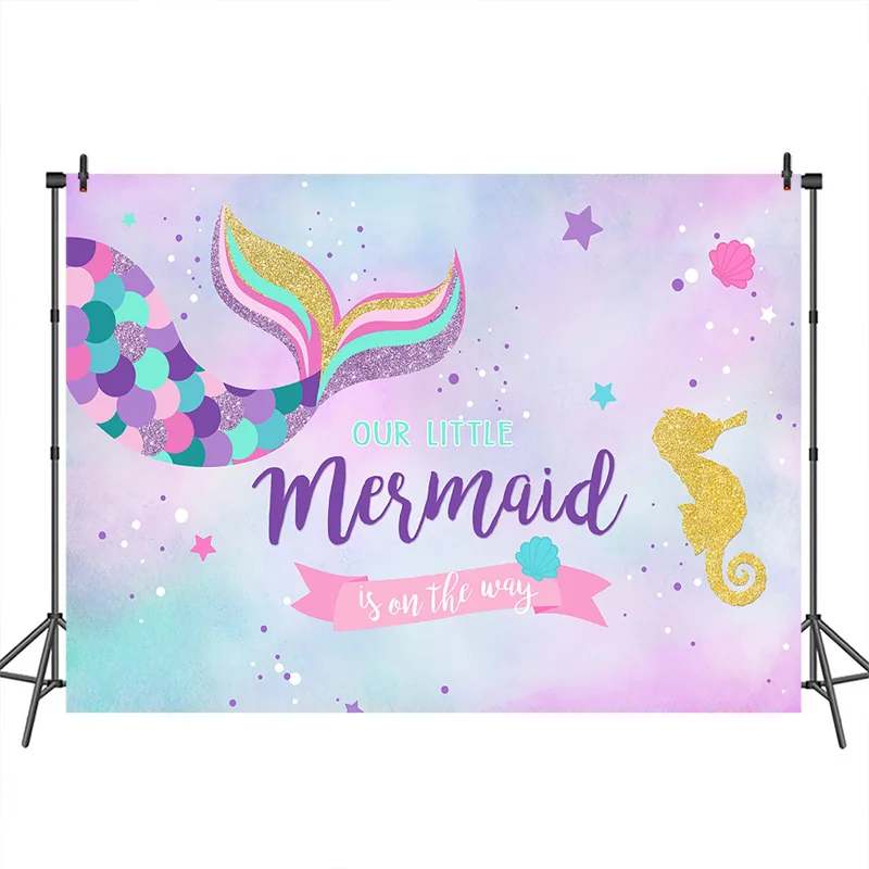 

Mermaid Baby Shower Backdrop Little Mermaid is on The Way Photography Background Girl Baby Shower Photo Backdrops