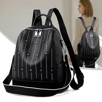 

YILIANBackpackers women's leather fashionable new style of the first layer of cowhide rivets high-capacity backpack