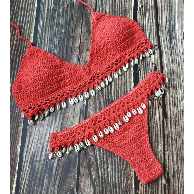 

2019 Women Solid Crochet Bikini Set Shell Tassels Bikini Brazilian Crochet Swimsuit Halter Swimwear Strappy Bikinis Swimsuits