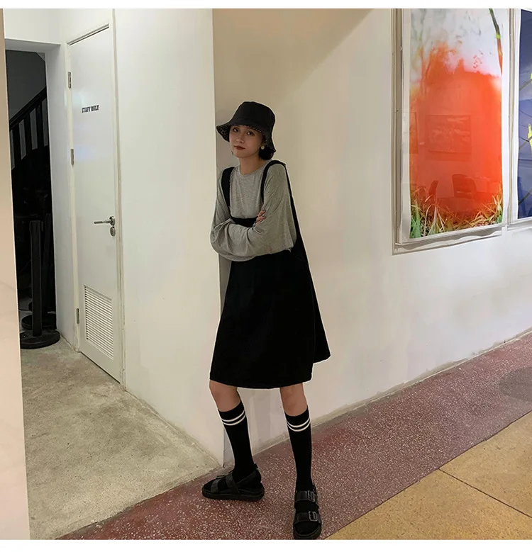 Strap Dress Women's Autumn New Style Korean-style Students Loose-Fit Slimming Black And White with Pattern GIRL'S Full Body