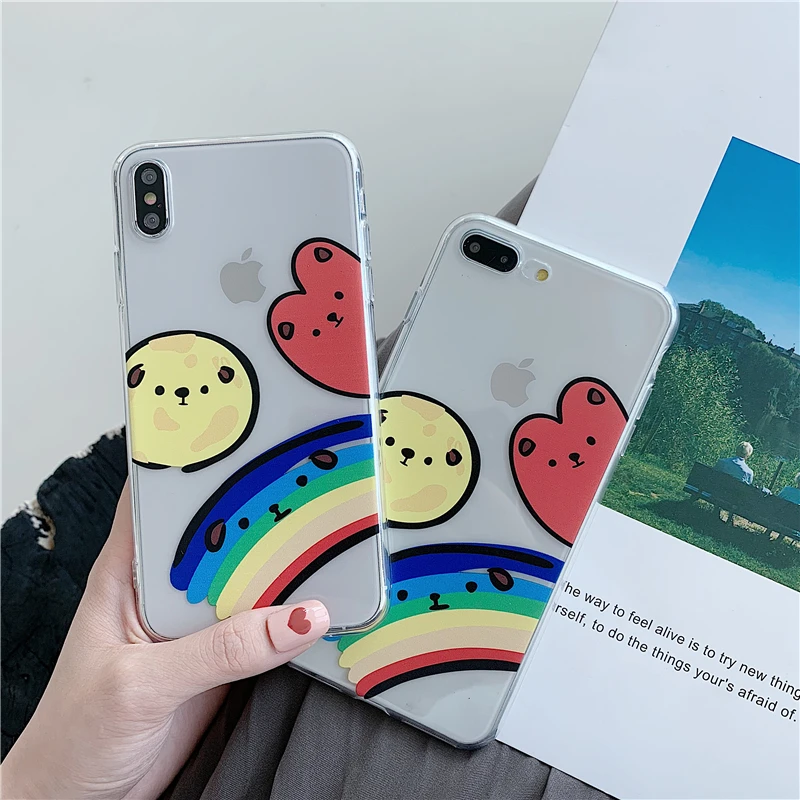 Cartoon Rainbow Smiley Apple Transparent Phone Case for iPhone 6 6s 7 8 plus X XR XS MAX Drop-proof Deluxe |