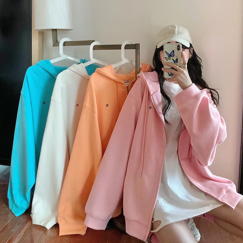 

Zip Up Hoodie Sweatshirt Hooded Woman Korean Style Hoodies Autumn Winter Long Sleeve Oversized Hooded Tops Clothes for 2020