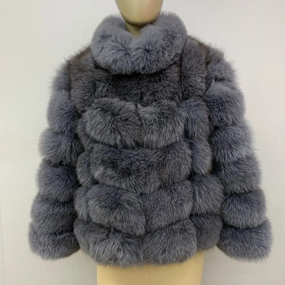 Medium gray Пальто из настоящего меха, женская теплая и стильная куртка из натурального Лисьего меха, жилет с воротником-стойкой и длинным рукавом, кожаное пальто, пальто из натурального меха - Цвет: Medium gray