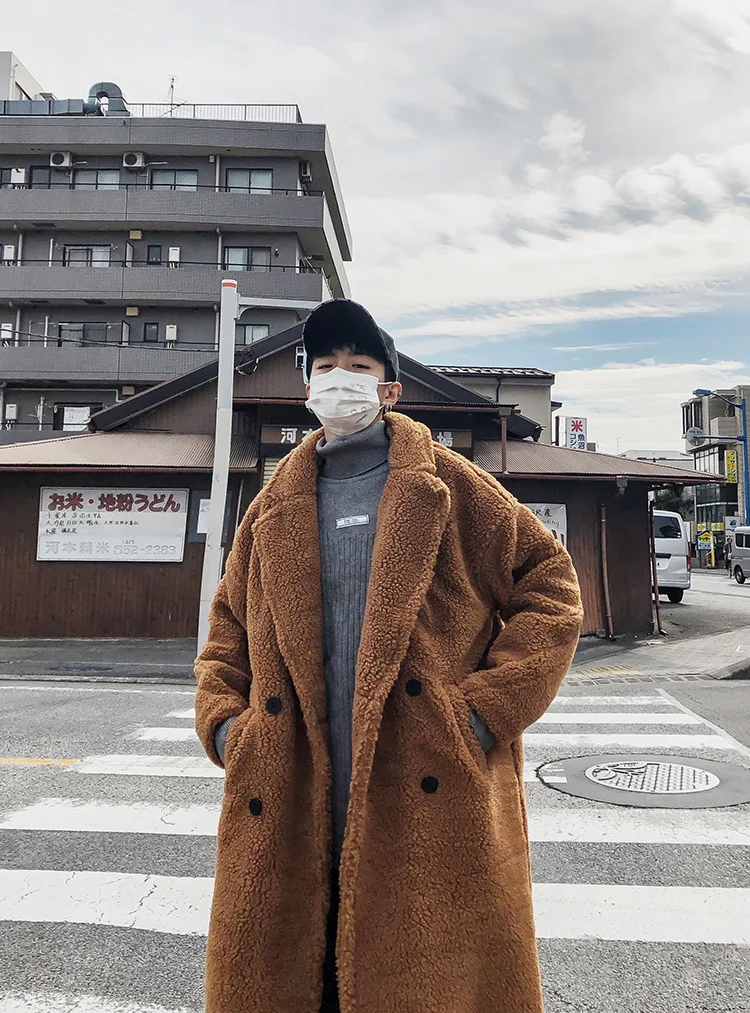 Мужская зимняя теплая плотная Шерстяная длинная куртка корейское негабаритное двубортное пальто Повседневный шерстяной Тренч плюшевое Свободное пальто
