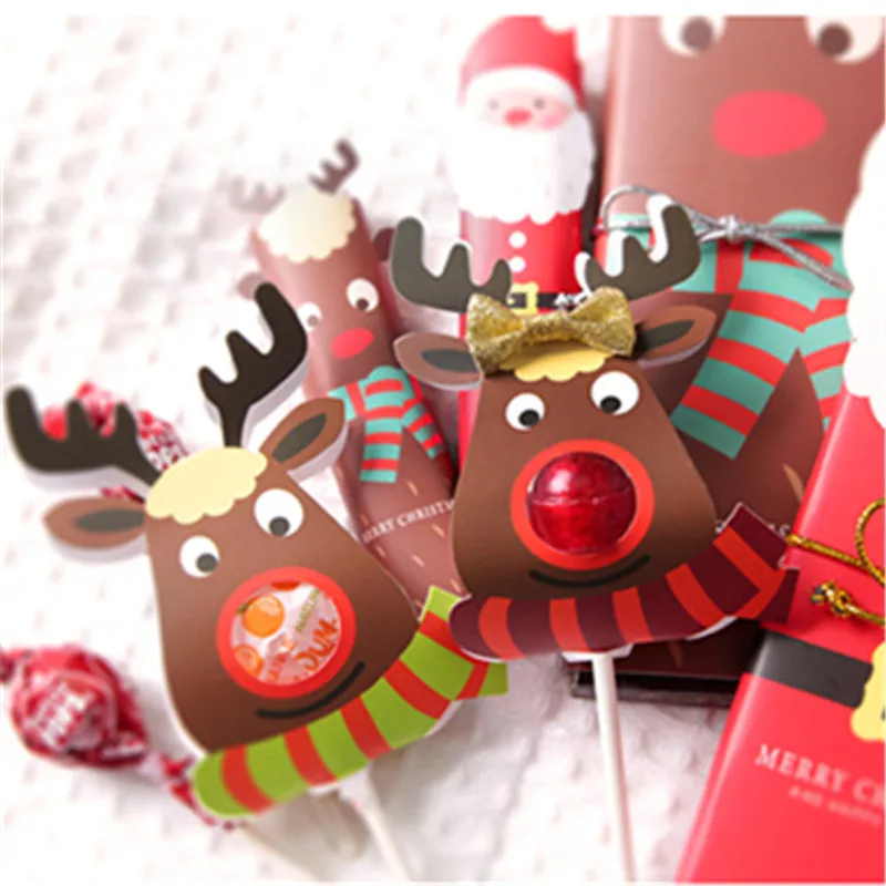 50pcsset Lovely Santa Claus Snowman Bear Rabbit Xmas Paper Lollipop Holder Cards For Kids Christmas New Year Gift