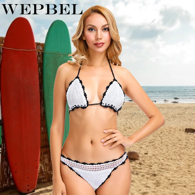 WEPBEL, 2 шт., бюстгальтер+ стринги, одежда для плавания, Женский комплект бикини, сексуальный, вязаный, Цветочный, кружевной, милый, для плавания, купальный костюм, биникис, летние комплекты