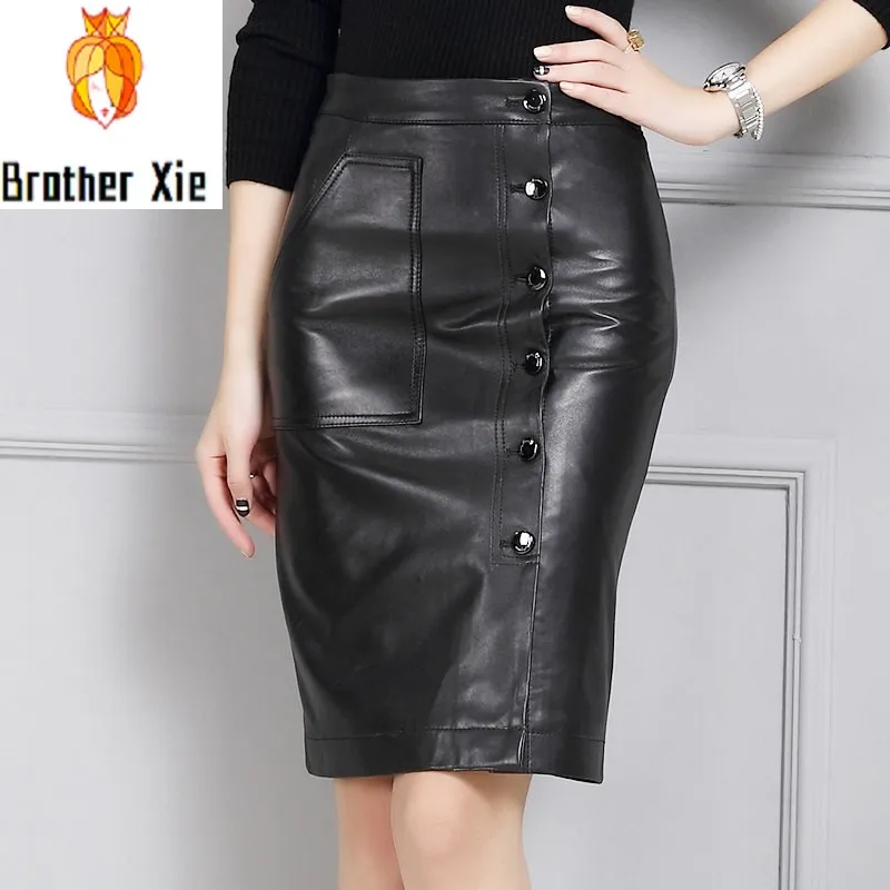 

Chic Genuine Leather Skirts Womens Sheepskin Button Black Knee Length Skirt Winter Slim Fit Solid Wrap Skirt Female Streetwear