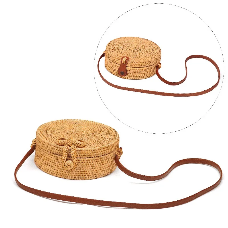 

Vintage Round Straw Bags Women Shoulder Bags Summer Rattan Bag Handmade Woven Beach Cross Body Bag Circle Bohemia Handbag Bali