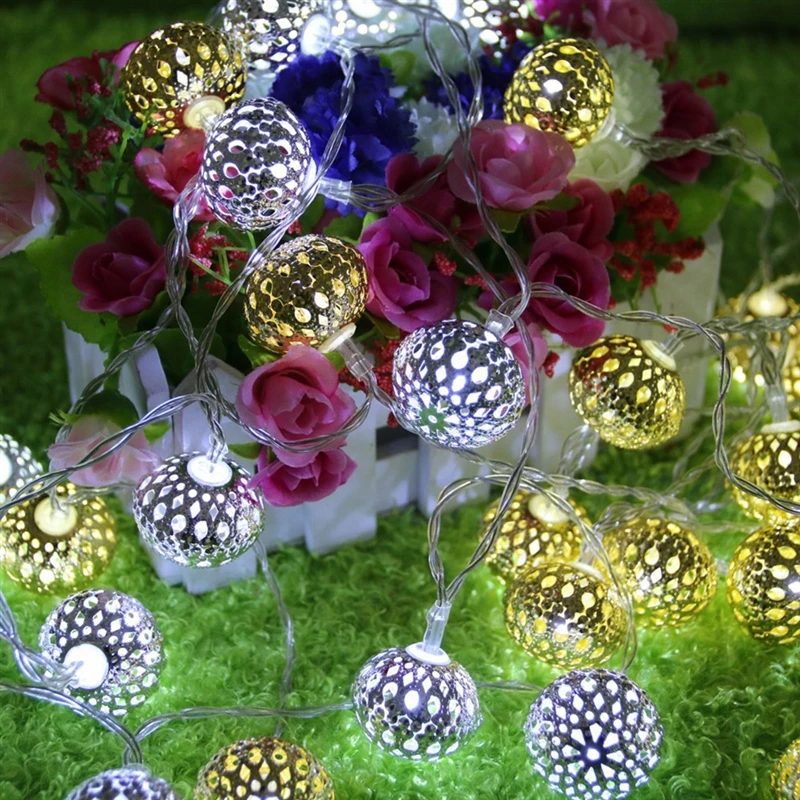 

Golden 20 LED Metal Hollow Spherical Battery Box Festive Wedding Decoration Fairy Light String