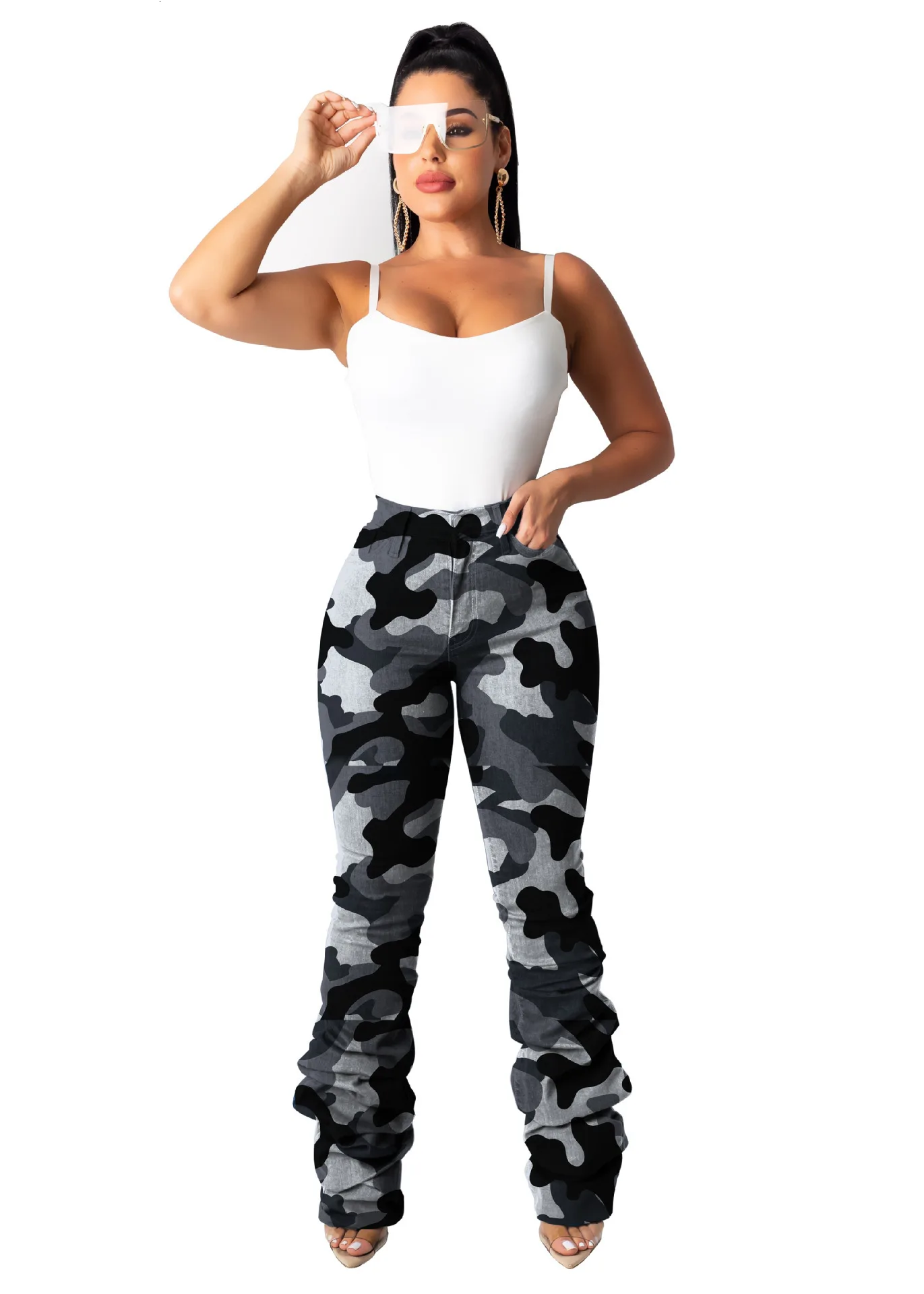grey camouflage Камуфляжные леопардовые женские брюки с высокой талией, повседневные Прямые брюки со складками, осенние брюки для женщин, уличная одежда - Цвет: grey camouflage