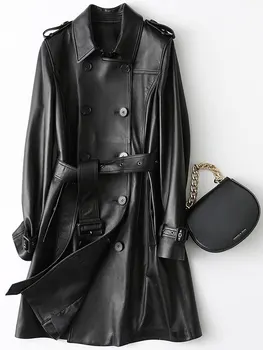 

Fashion Black Long Women Slim Real Leather Coat Womens Genuine Sheepskin Leather Jackets Office Lady Leather Jacket Coat