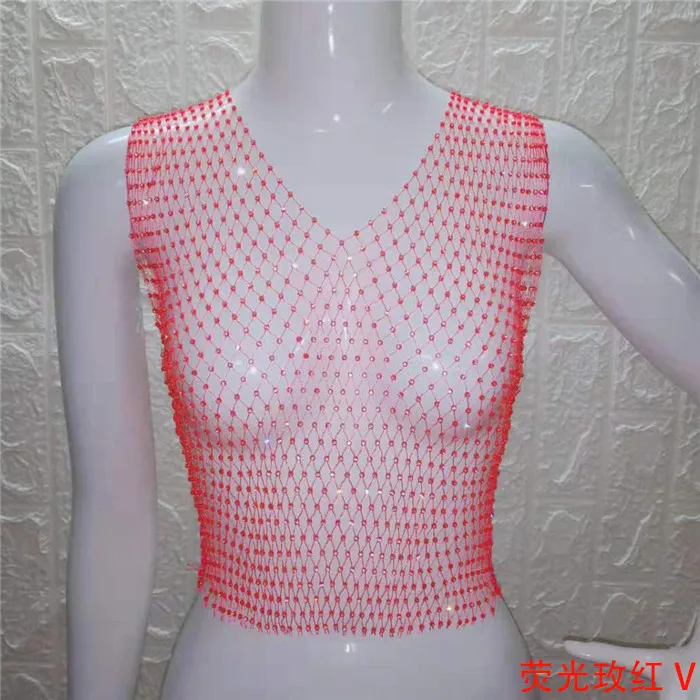 Festival Queen Sexy Diamonds Mesh Cropped Tank Top Women Summer Cover Up Bikini See Through Rhinestone Net Party Club Crop Top - Цвет: Bright rose V-neck