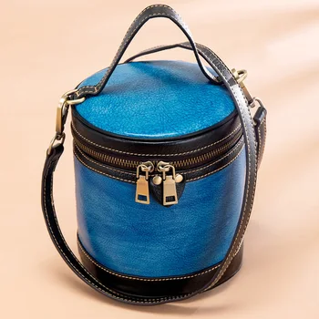 

Vintage Fashion Leather Bucket Bag Makeup Bag Women's Handbag Messenger Bag Circular Bucket Bag Handmade Bag