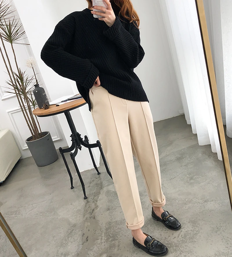 Winter Thicken Pencil Pants Women Warm Wool Pants High Waist Loose Work Suit Trousers Capris Soft Good Fabric black pants