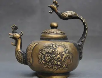 

old chinese bronze fengshui wealth Phoenix bird statue Rice wine tea Pot Flagon