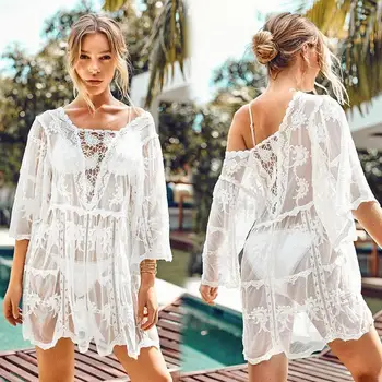 

Lace Embroidered Sun Cover Smock for Women Solid Color Lace Loose Beach Tops Swimwear Cover Suit #20