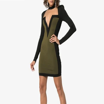 

2020 new women's sexy tight bandage dress fashion elegant v-neck long sleeve zipper dress club nightclub women's dress