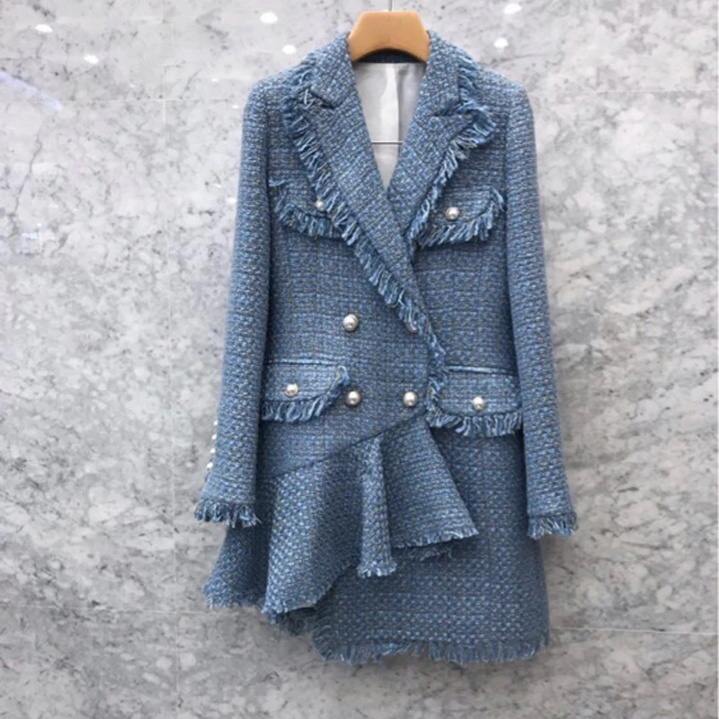 blue Новая Осенняя модная женская одежда из твида, блейзер с длинными рукавами и Зазубренным воротником, платье с жемчугом, двубортное шерстяное платье ol vestidos - Цвет: blue