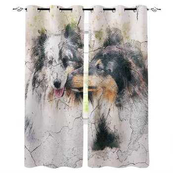 

Watercolor Style Animals Two Puppies Loving Each Other Window Curtains LivingRoom Kitchen Curtains Left and Right Biparting Open
