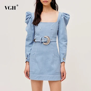 

VGH Casual Denim Dress For Women Square Collar Puff Sleeve High Waist Sashes Mini Dresses Female 2020 Fall Fashion New Clothes