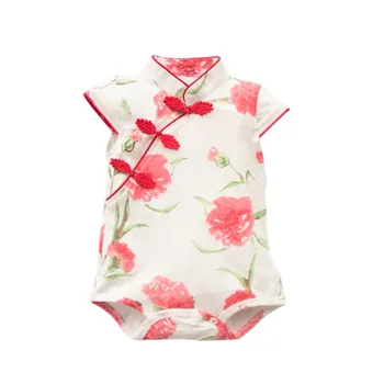 

Chinese Style Baby Girl Cheongsam One-piece Dress Short Sleeve Rompers with Buttons