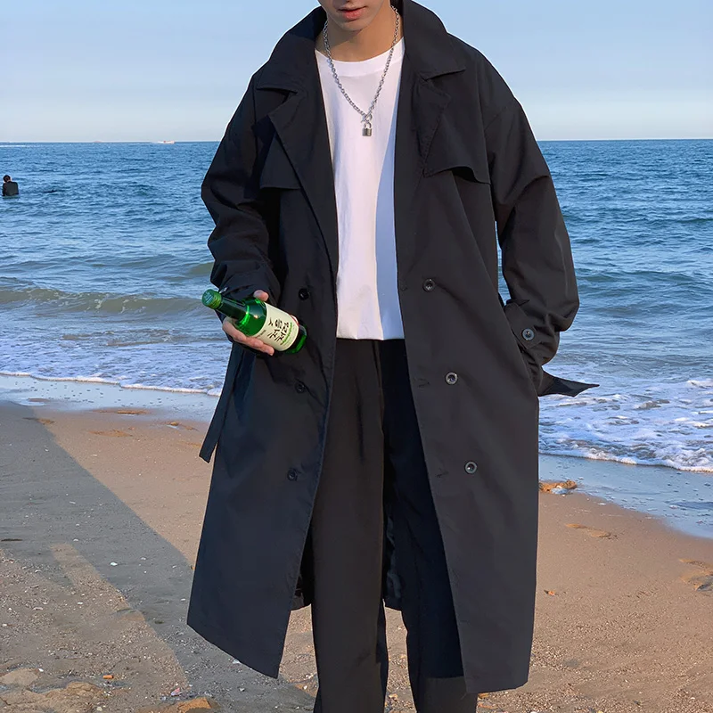 Trench Coat Men Oversize Solid Double Breasted Loose Turn-down Collar Sashes Korean Fashion