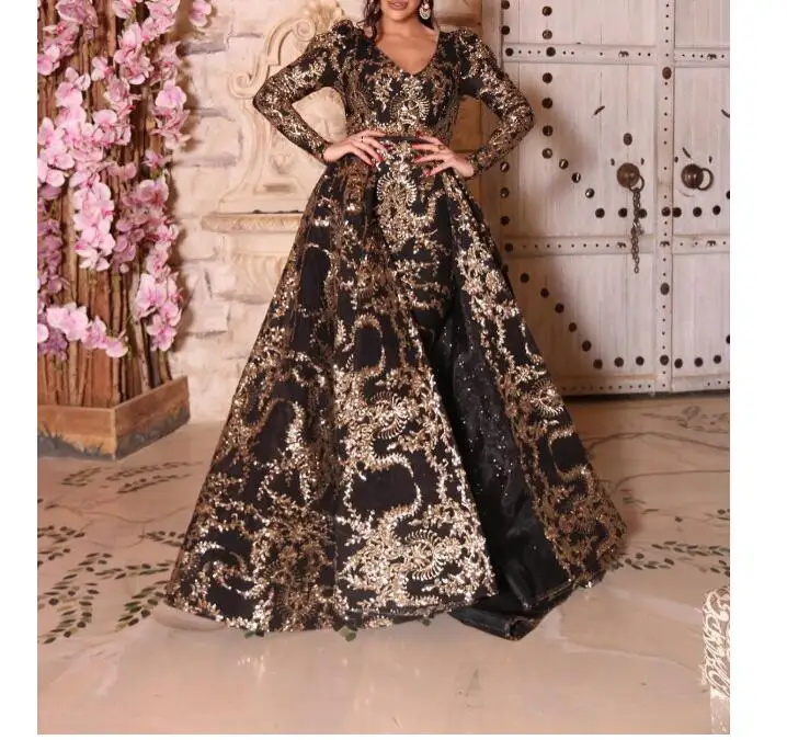 

Sexy Glitter Ball Gown Long Sleeve Women Party Formal Gowns Lebanon Design Gold Sequin Dubai Ladies 2021