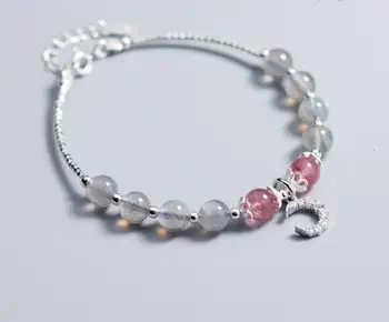 

100% 6mm Real. 925 Sterling Silver Fine Jewelry Natural Moonstone &Rose Strawberry Quartz Stone Crescent Moon Bracelet GTLS633