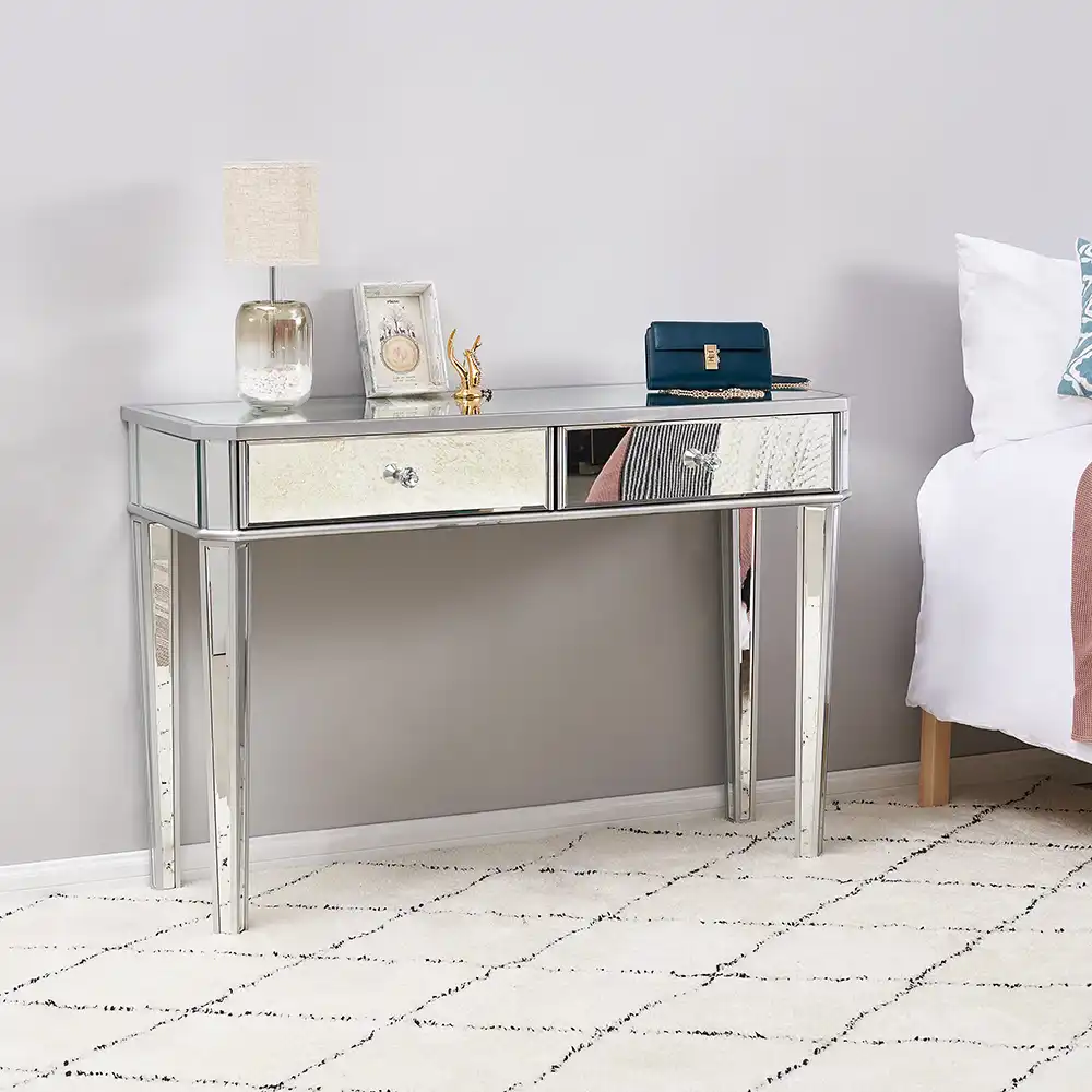 Panana High Quality Mirrored Entryway Console Glass Desk 2 Drawers