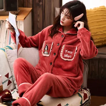 

Winter Pajamas Coral Fleece 2 Pieces Pajamas Set Thickening Home Clothes Long Sleeve Printing Female Sleepwear Warm Home Service