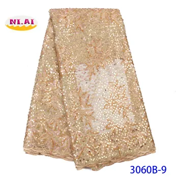 

NIAI Gold African Lace Fabric 2019 High Quality Lace French Sequins Mesh Lace Fabric Bridal Nigerian Net Lace Fabrics XY3060B-9