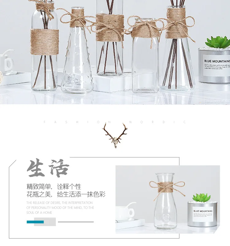 Creative Nordic Glass Vases Living Room Table Decoration Transparent Water Hydroponics Flower Rope Dry Flower Vase Diy Bottle