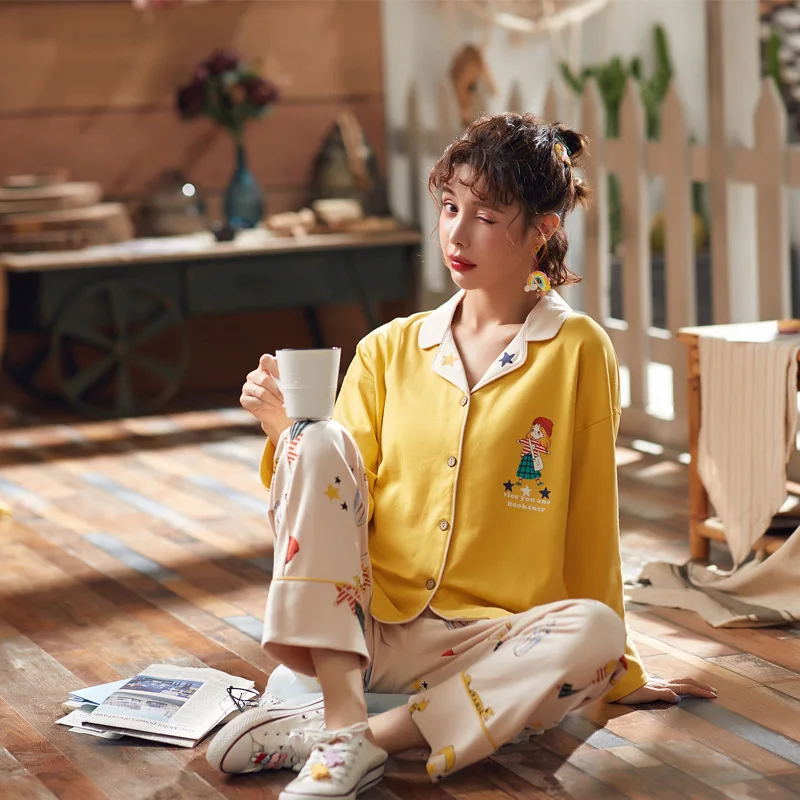 

Pajamas Female Spring Autumn & Winter Pure Cotton Long Sleeve Korean-style Cardigan Sweet Cute Women's Cotton Tracksuit Two-Piec