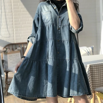 

[EWQ] 2020 Spring Autumn New Lapel Long Sleeve Denim Patchwork Single Breasted High Street Dress Women Large Size 3AJ638