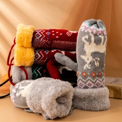 2022 NEW New Christmas Cartoon Deer Knitted Gloves Warm Hanging Rope Full Finger Mittens Winter Plush Thickened Women'S Gloves