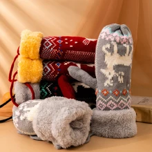 New Christmas Cartoon Deer Knitted Gloves Warm Hanging Rope Full Finger Mittens Winter Plush Thickened Women'S Gloves Students